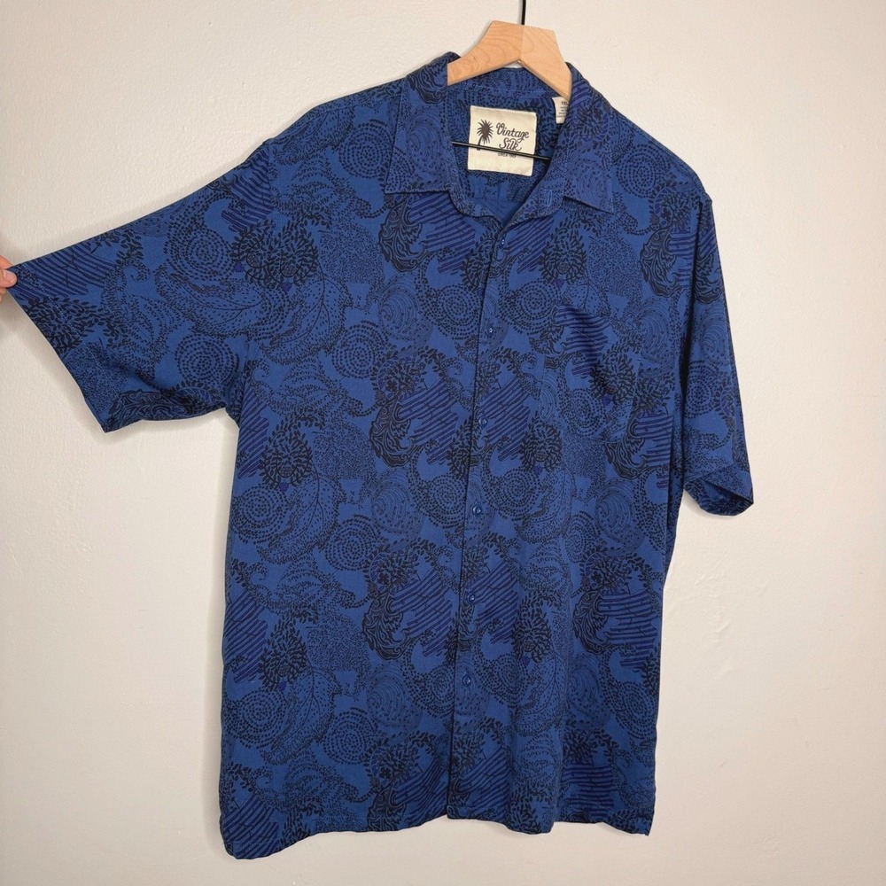 Vintage Silk Mens Button Up Camp Shirt XXL Blue Floral‎ Paisley Print Soft Event - Picture 5 of 9